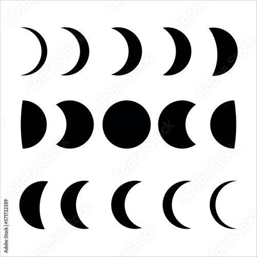 Pack of moon phases icons isolated on white background. Black silhouette images of whole moon cycle 