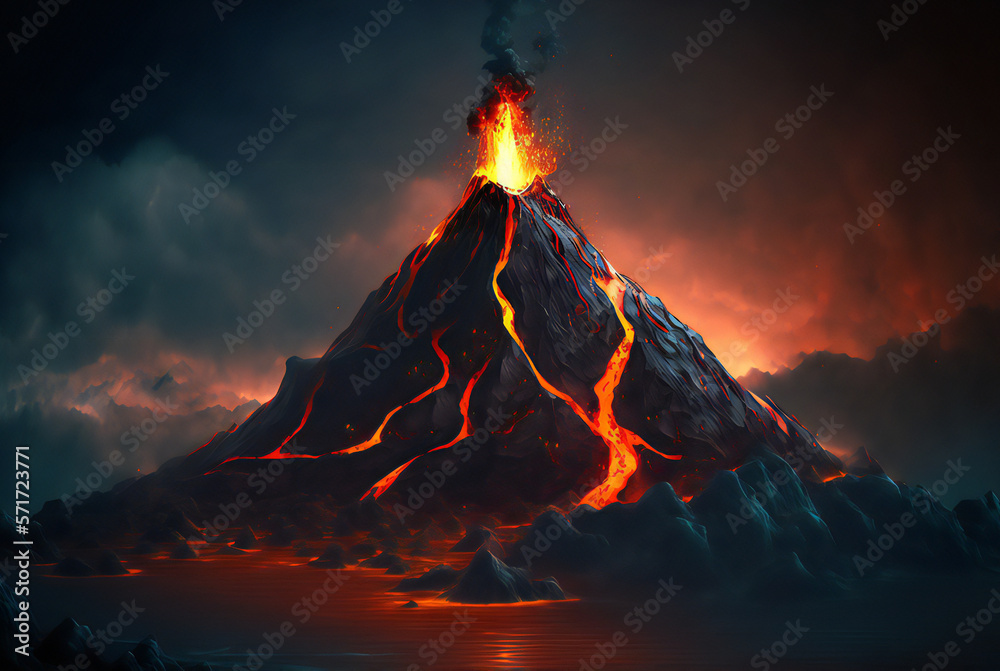 Active volcano, dramatic eruption continues,ai generated