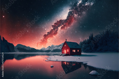 House standing on the shore of the lake against the backdrop of beautiful stars and mountains AI