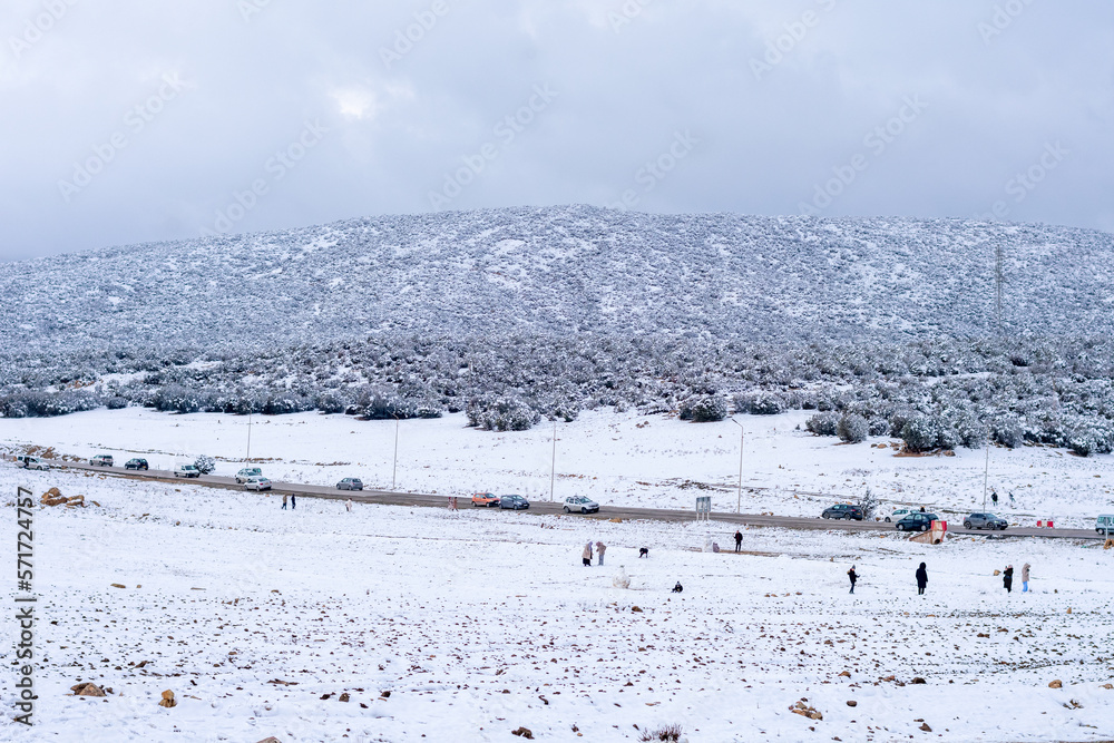 Scenic view of snow covered landscape in the Aures Mountains, Algeria