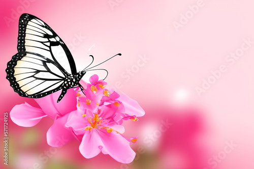 Butterfly on the flowers pink romantic natural floral background in soft daylight with beautiful bokeh;