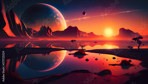 Sunset on a deserted red alien planet, a lake with reflections of the mountains, golden hour, big moon, water on a distant planet, Generative AI illustration
