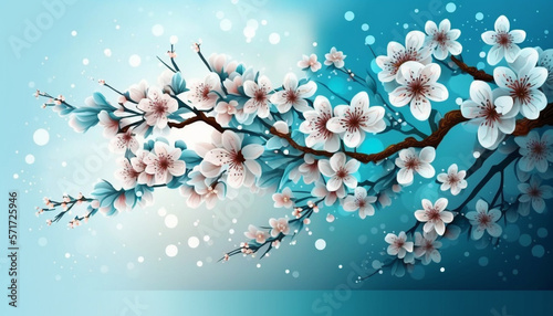 Cherry blossom branch on blue background generative AI