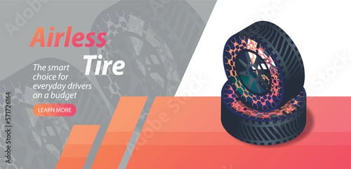 Airless tire concept. Landing page design, graphic element for website. Machine part, transport and vehicle repair. Modernization and tuning. Cartoon isometric vector illustration