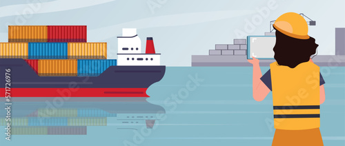 Cargo ship port banner. Woman with smartphone photographs ship with containers. Globalization, international trade and transport of goods, shipping inspection. Cartoon flat vector illustration