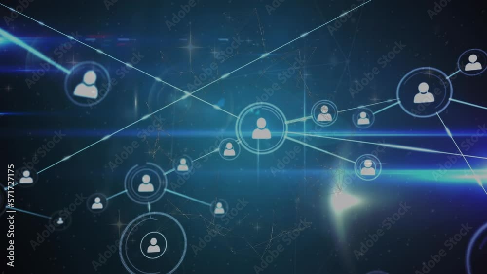 Animation of network of connections with icons over light spots and shapes moving Animation of network of connections with icons over light spots and shapes moving
