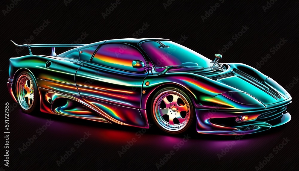 European luxury 1990s vintage classic expensive sports racing car vehicle neon synthwave vaporware retrowave black background created with generative AI technology