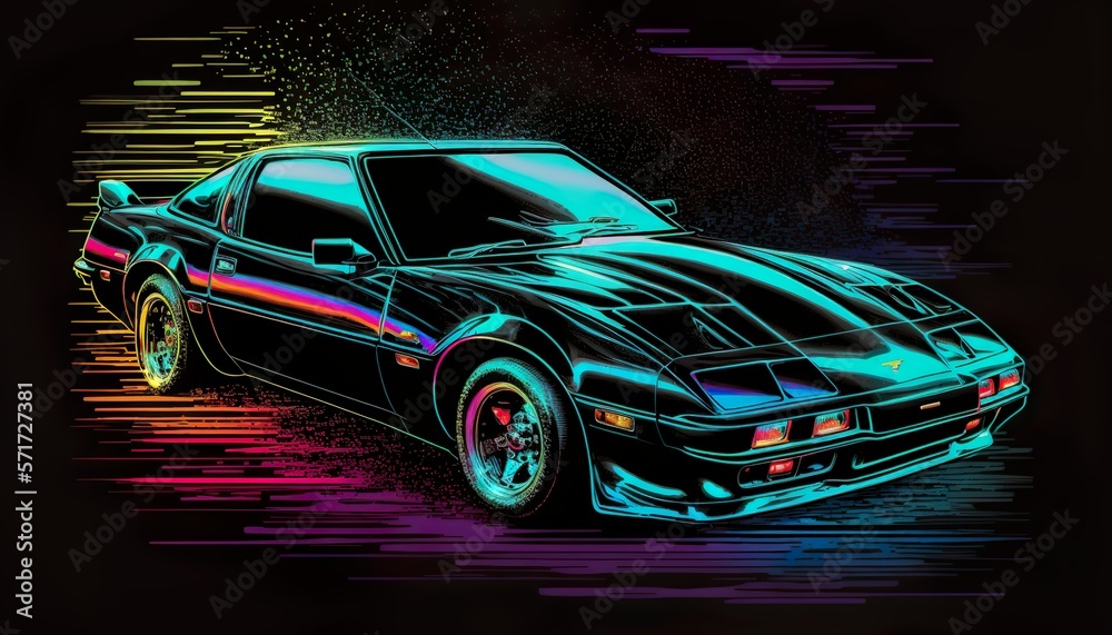 Naklejka premium American luxury 1980s vintage classic expensive sports racing car vehicle neon synthwave vaporware retrowave black background created with generative AI technology