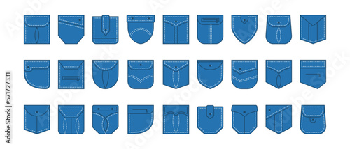 Denim patch pocket with seam, jean different shape icon, blue denim clothes set isolated on white background. Garment vector illustration