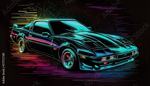 American luxury 1980s vintage classic expensive sports racing car vehicle neon synthwave vaporware retrowave black background created with generative AI technology