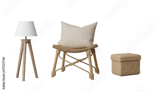 Chair, rattan box and lamp