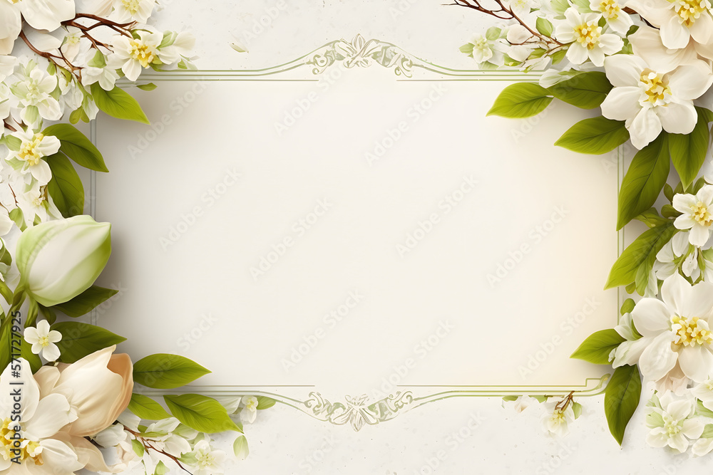 White floral blank card, flower border paper for greeting, wedding, mockup, design, copy space