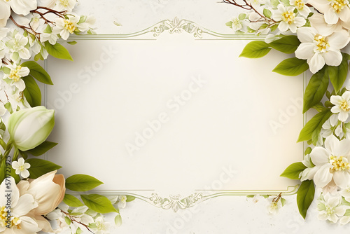 White floral blank card, flower border paper for greeting, wedding, mockup, design, copy space