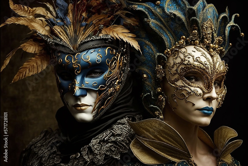 Two venetian carnival masks on a dark background. Generative AI