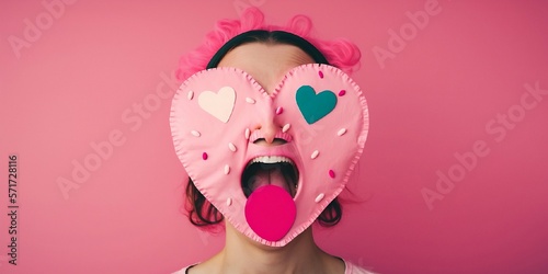 Femme brune la bouche ouverte avec un coeur devant le visage - illustration IA photo