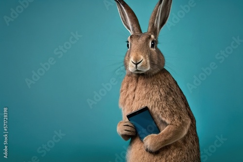 Studio photo portrait of a hare holding a phone, concept of Business Professional and Corporate Attire, created with Generative AI technology