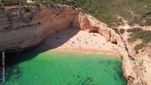Aerial drone footage of the Benagil beach in Algarve province, Portugal