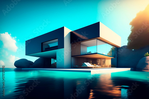 A house in modern style with a large pool around it. 3d Style house design. Generative AI. © Creative mind
