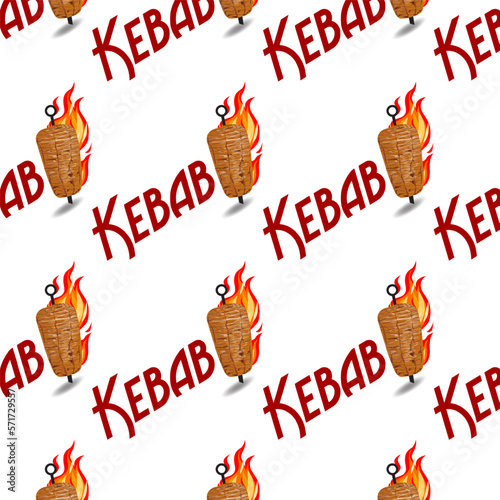 Shawarma Kebab logo pattern fast food. Seamless pattern. Concept of doner kebab logo, street food, barbecue, cuisine. Vintage design template, banner. Fresh vegetables. Vector hand drawn sketch illust