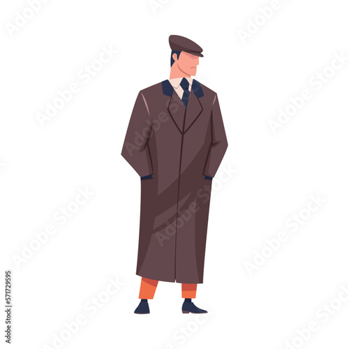 Man Bandit or Gangster of Old London Standing Wearing Overcoat and Peaked Flat Cap Vector Illustration