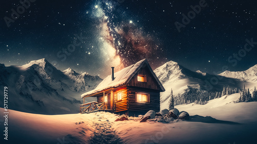Fantastic winter landscape panorama with wooden house