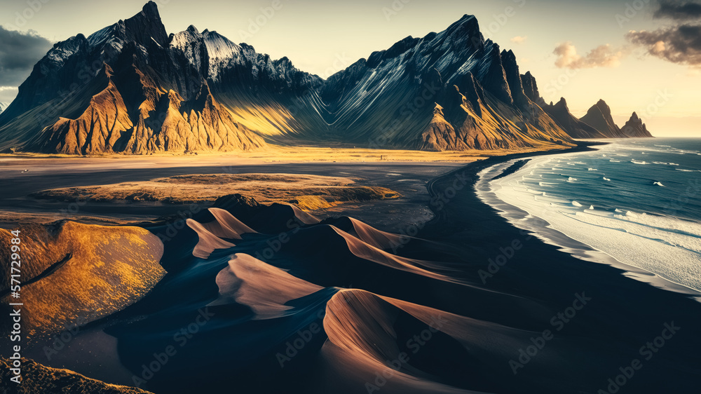 Fototapeta premium View from flying drone of Stokksnes cape