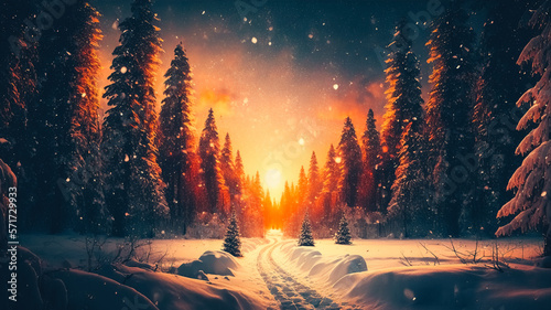 Snowy forest in amazing winter at sunset © v.senkiv