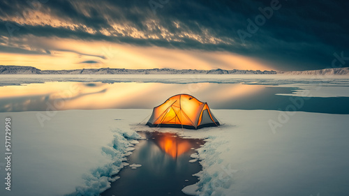 Tent stands on the ice of lakel in the evenining