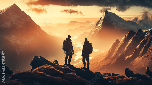 Two hikers on top of peak cinematic © v.senkiv