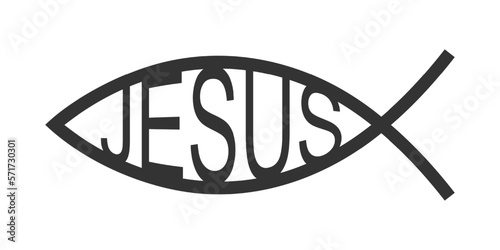Jesus fish. Ichthys icon. Bible symbol. Secret shibboleth in Christian religion isolated on white background. Emblem for car bamper, pendant, necklace. Vector graphic illustration