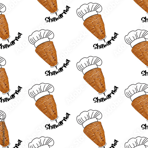 Shawarma Kebab logo pattern fast food. Seamless pattern. Concept of doner kebab logo, street food, barbecue, cuisine. Vintage design template, banner. Fresh vegetables. Vector hand drawn sketch illust