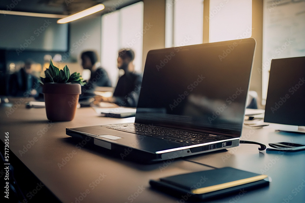 Laptop computer with opened lid on table in meeting room of office workspace. Created with Generative AI technology