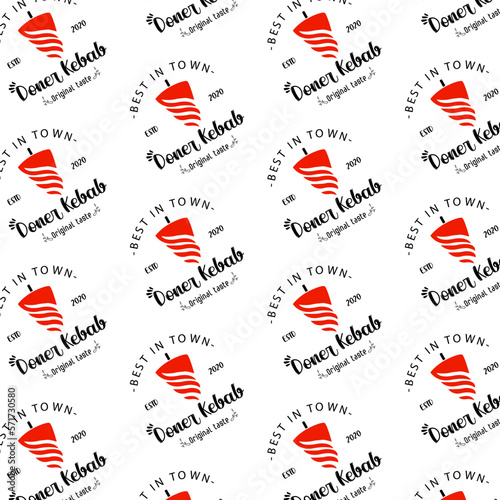 Shawarma Kebab logo pattern fast food. Seamless pattern. Concept of doner kebab logo, street food, barbecue, cuisine. Vintage design template, banner. Fresh vegetables. Vector hand drawn sketch illust