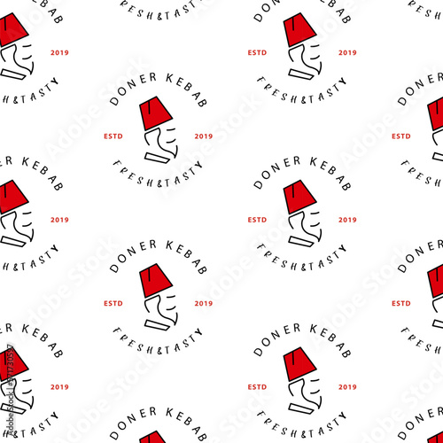 Shawarma Kebab logo pattern fast food. Seamless pattern. Concept of doner kebab logo, street food, barbecue, cuisine. Vintage design template, banner. Fresh vegetables. Vector hand drawn sketch illust