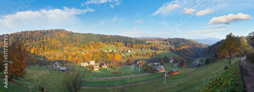 Panoramic view to autumn mountain village, Carpathians, Ukraine.