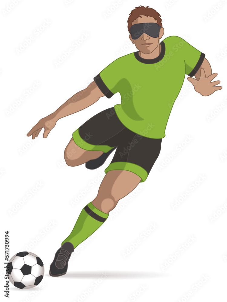 para sports paralympic 5-a-side football visual impaired male player kicking ball isolated on a white background