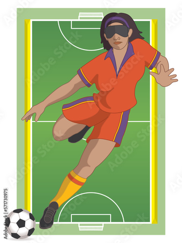 para sports paralympic 5-a-side football visual impaired female player kicking ball with pitch and field in background