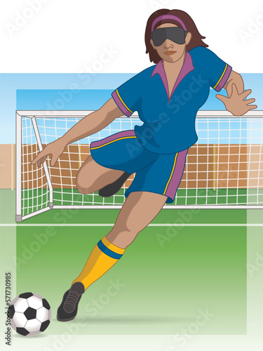 para sports paralympic 5-a-side football visual impaired female player kicking ball with net and field in background