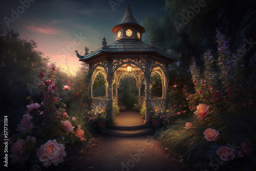 Magical Fantasy Garden Gazebo in an English Country Garden at Sunset 