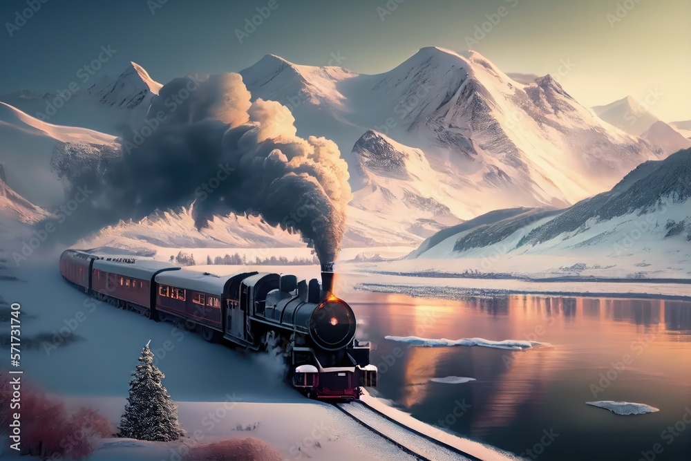 Snowy mountains with a steam locomotive train winding through the scenic landscape, the polar express, stunning environment. Generative AI. Snowy mountains with a steam locomotive train winding through the scenic landscape, the polar express, stunning environment. Generative AI.