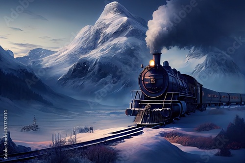 Snowy mountains with a steam locomotive train winding through the scenic landscape, the polar express, stunning environment. Generative AI.