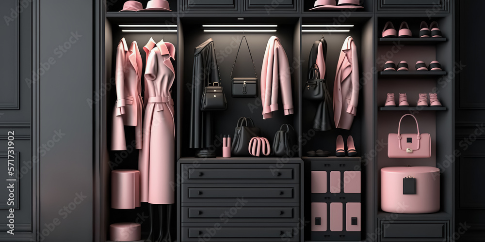 Modern wardrobe with stylish pink black female clothes and accessories ...