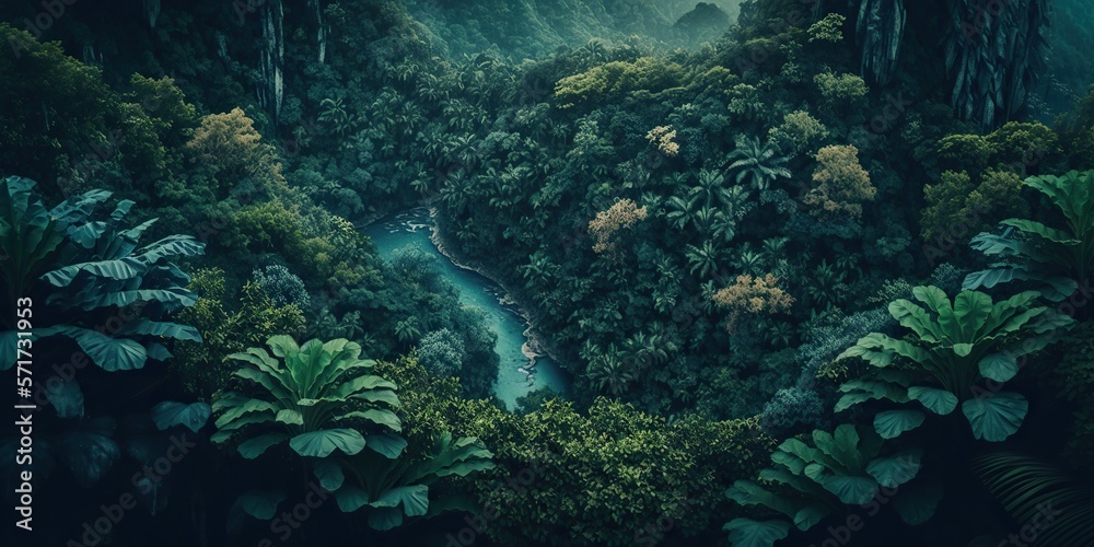 Top view of rain forest landscape, concept of Aerial Perspective and Tropical Setting, created with Generative AI technology