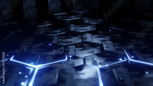 Futuristic hexagon background. Abstract blue neon light. Dark 3d render. Seamless loop. Random hexagonal blocks motion. Design from the future. 