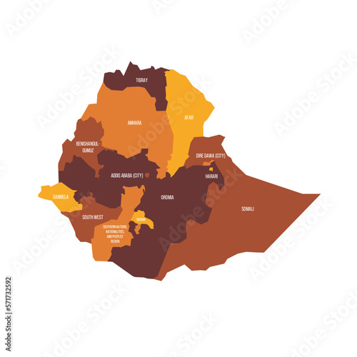 Ethiopia political map of administrative divisions - regions and chartered cities. Flat vector map with name labels. Brown - orange color scheme.