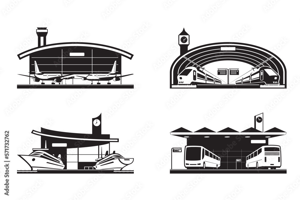 Different transportation buildings with vehicles – vector illustration
