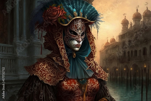Lady wearing a carnival mask in historical Venice. Generative AI © Alessia