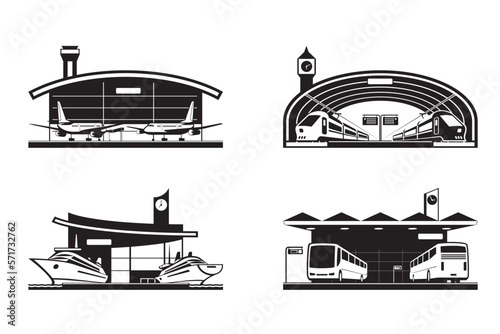 Different transportation buildings with vehicles – vector illustration