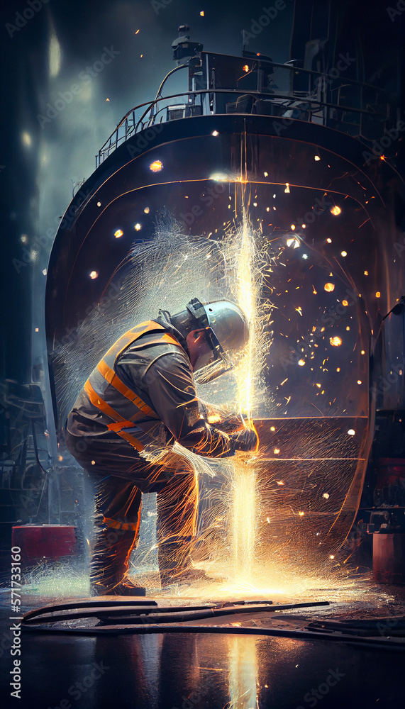 Skillful metal worker working with plasma welding machine in shipyard while wearing safety equipment. Metalwork manufacturing and construction maintenance service by manual skill labor concept.