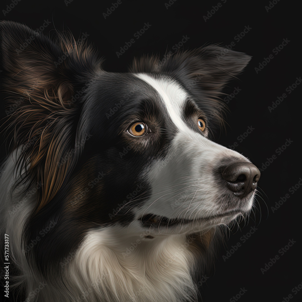 Generative AI. Portrait of a Border collie dog face closeup, detailed cinema graphic with shallow depth of field